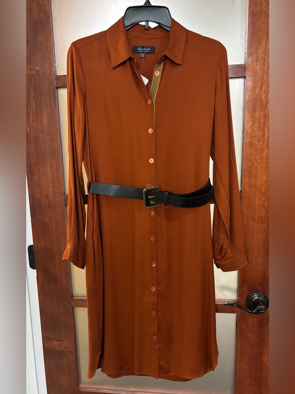 Bariloche Burnt Orange Button-Down Shirt Dress with Black Belt